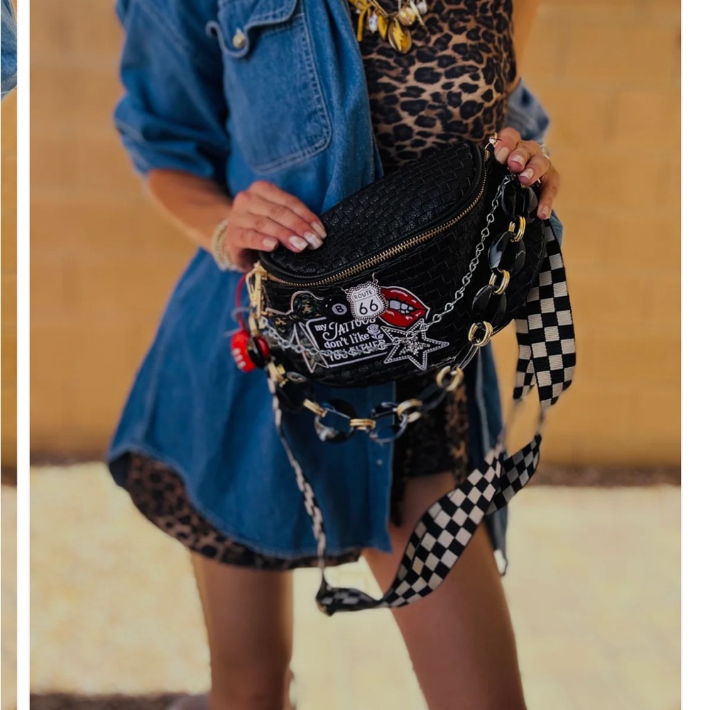 Charlie Maree Co Black Woven Crossbody Bag with Patches - Picture 3 of 10